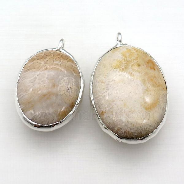 Coral Fossil oval pendant, silver plated
