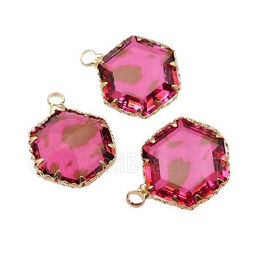 hotpink Crystal Glass hexagon pendant, gold plated