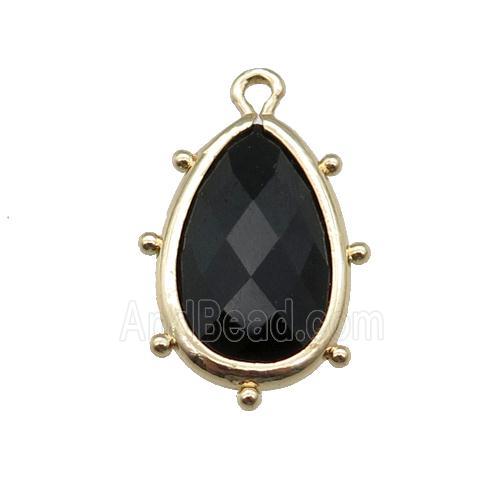 black Onyx Agate teardrop pendant, faceted, gold plated