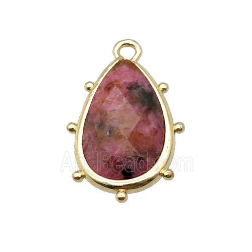 pink Rhodonite teardrop pendant, faceted, gold plated