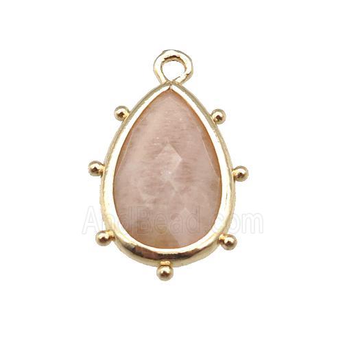 peach Sunstone teardrop pendant, faceted, gold plated