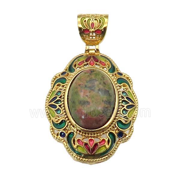 copper Oval pendant with unakite, enamel, gold plated