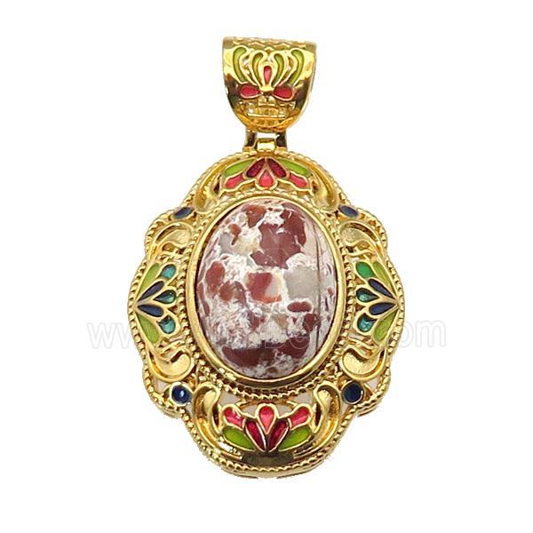copper Oval pendant with ocean jasper, enamel, gold plated