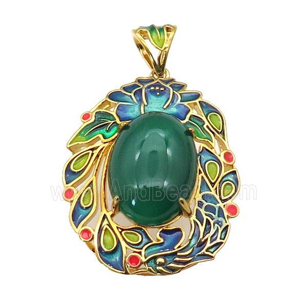 copper Oval pendant with green agate, enamel, gold plated