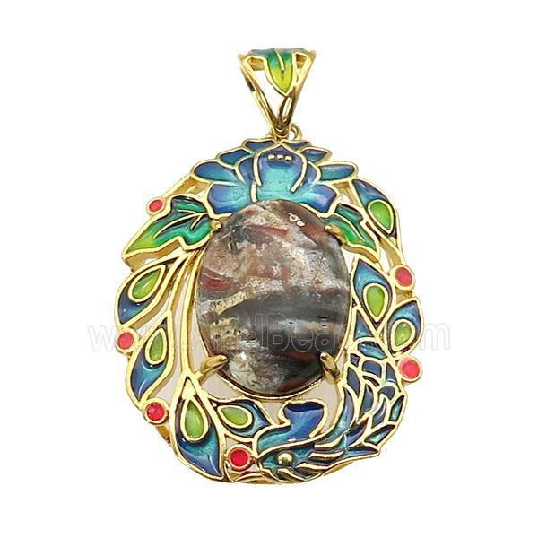 copper Oval pendant with ocean jasper, enamel, gold plated