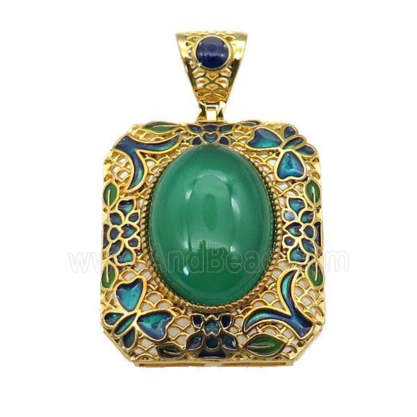 copper Rectangle pendant with green agate, enamel, gold plated