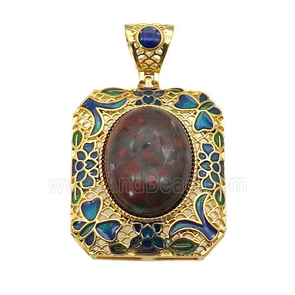 copper Rectangle pendant with red jasper, enamel, gold plated