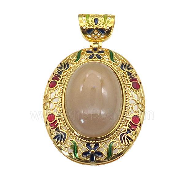 copper Oval pendant with agate, enamel, gold plated