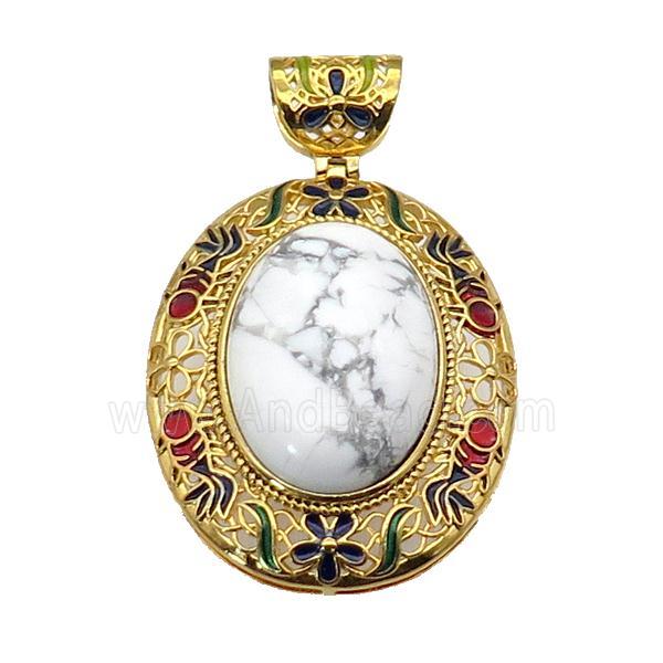 copper Oval pendant with howlite, enamel, gold plated
