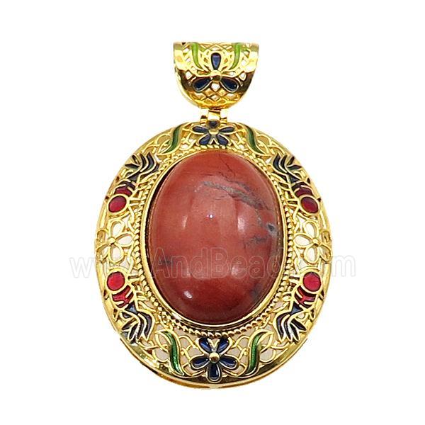 copper Oval pendant with red jasper, enamel, gold plated