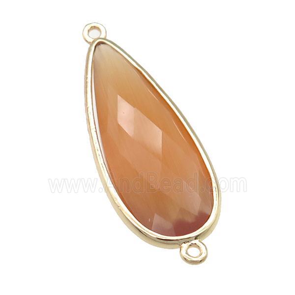 peach Crystal Glass teardrop connector, faceted, gold plated