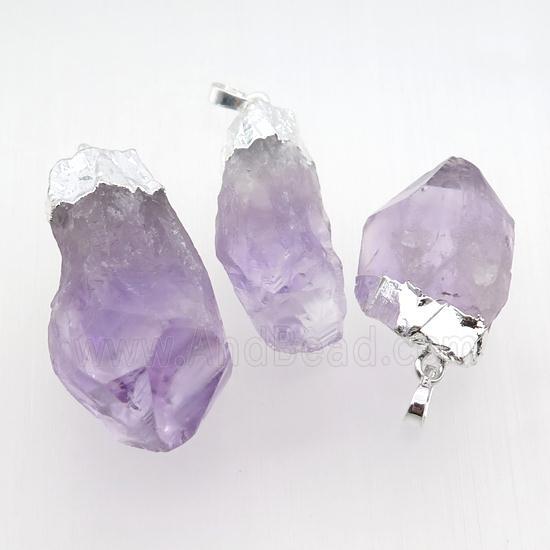 purple Amethyst nugget pendant, freeform, silver plated