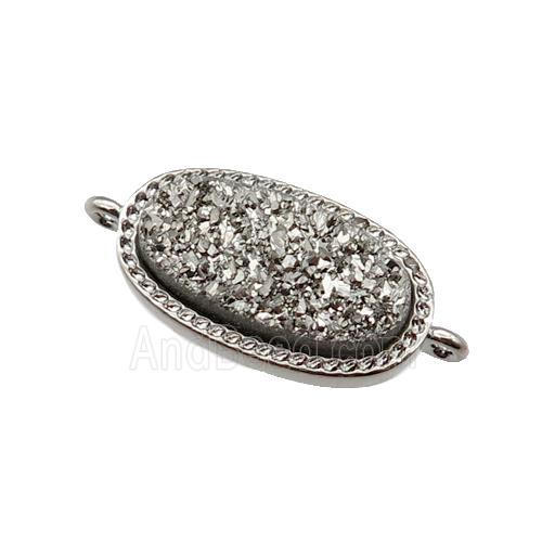 silver druzy quartz oval connector, platinum plated