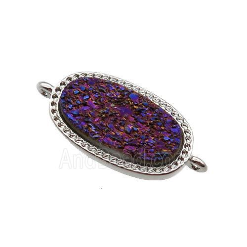 purple druzy quartz oval connector, platinum plated