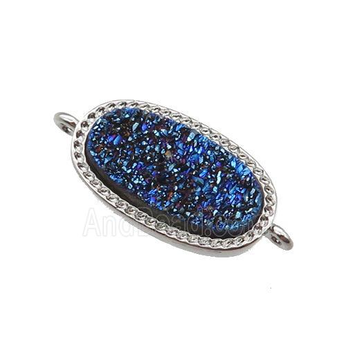 blue druzy quartz oval connector, platinum plated