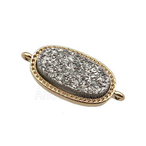 silver druzy quartz oval connector, gold plated