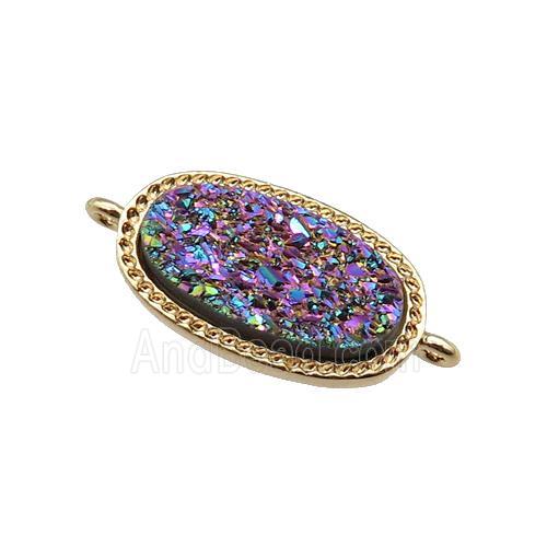 rainbow druzy quartz oval connector, gold plated