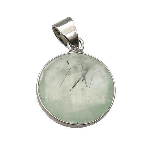 green Prehnite circle pendant, platinum plated