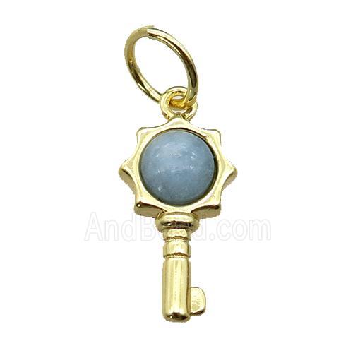 copper Key pendant pave aquamarine, gold plated