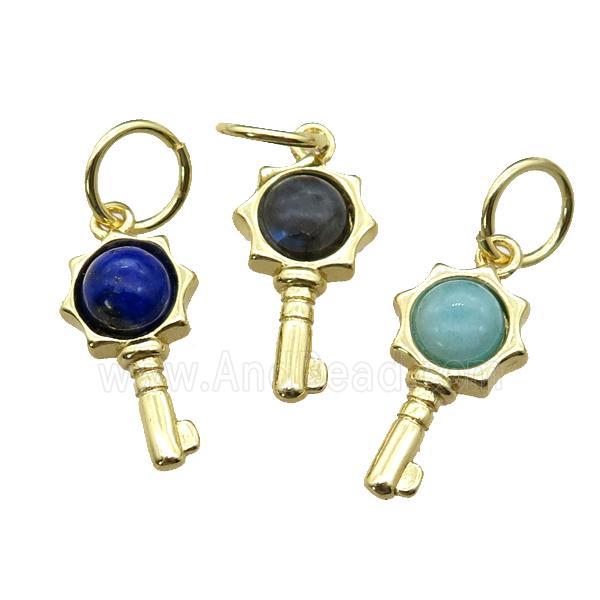 copper Key pendant pave gemstone, mixed, gold plated