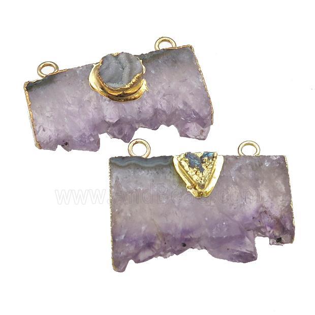 Amethyst Druzy Slice pendant with 2loops, gold plated