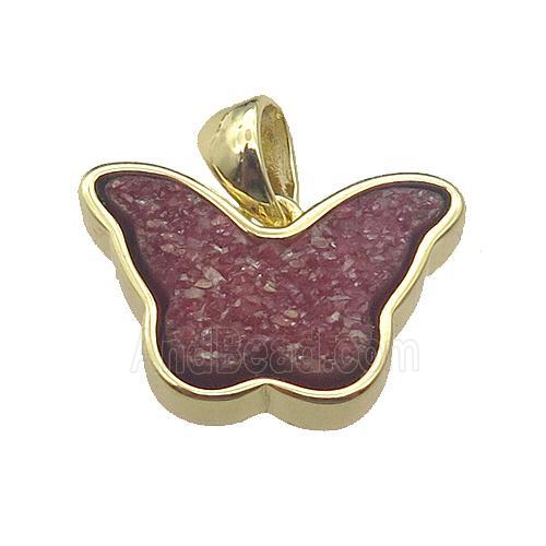 red Resin Druzy butterfly pendant, gold plated
