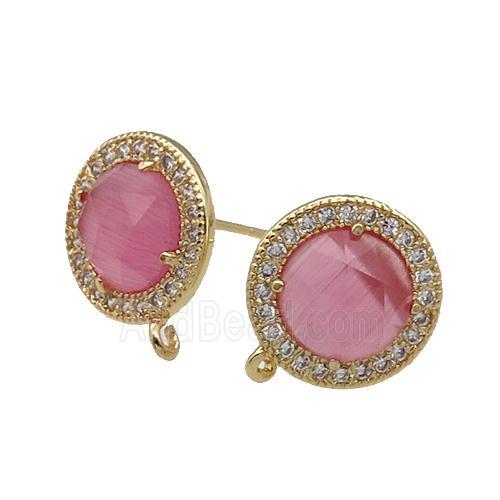 Pink Cat Eye Stone Stud Earring With Loop Circle Gold Plated