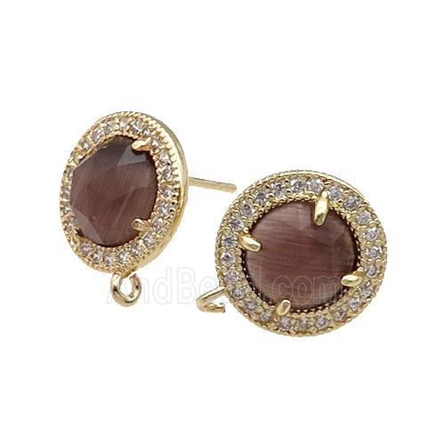Smoky Cat Eye Stone Stud Earring With Loop Circle Gold Plated