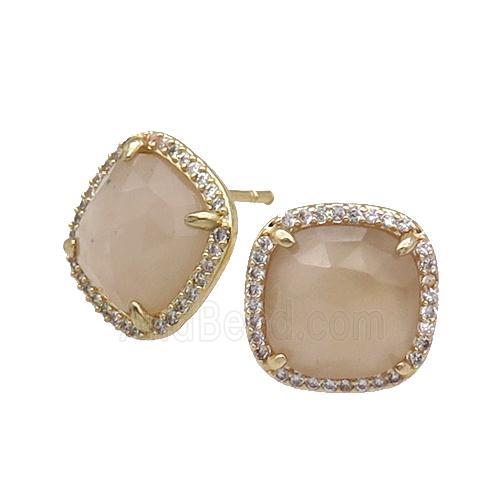 Peach Jade Stud Earring Square Gold Plated