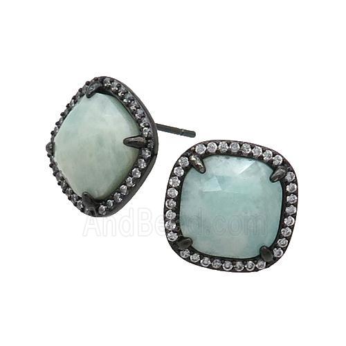 Green Amazonite Stud Earring Square Black Plated