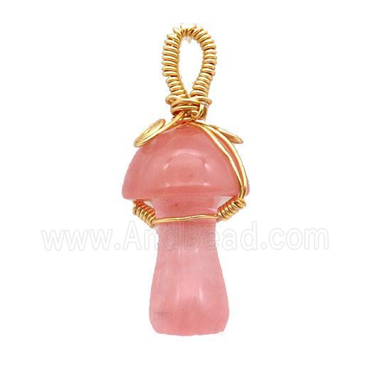 Synthetic Watermelon Quartz Mushroom Pendant Wire Wrapped Pink