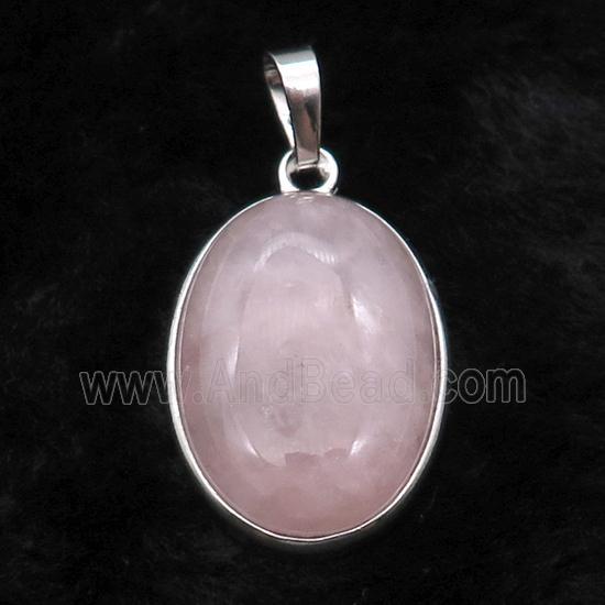 Pink Rose Quartz Oval Pendant Platinum Plated