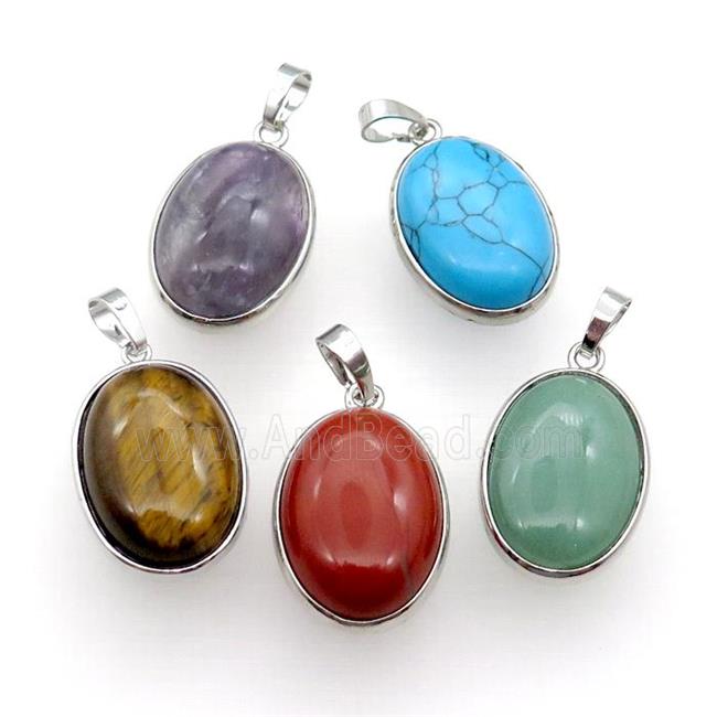Mixed Gemstone Oval Pendant Platinum Plated