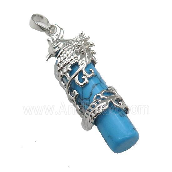 Blue Synthetic Turquoise Column Pendant Phenix Platinum Plated