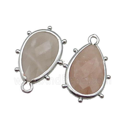 Peach Sunstone Teardrop Pendant Faceted Platinum Plated