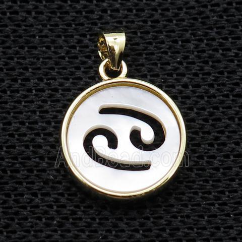 White MOP Shell Circle Pendant Zodiac Cancer Gold Plated