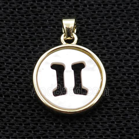 White MOP Shell Circle Pendant Zodiac Gemini Gold Plated