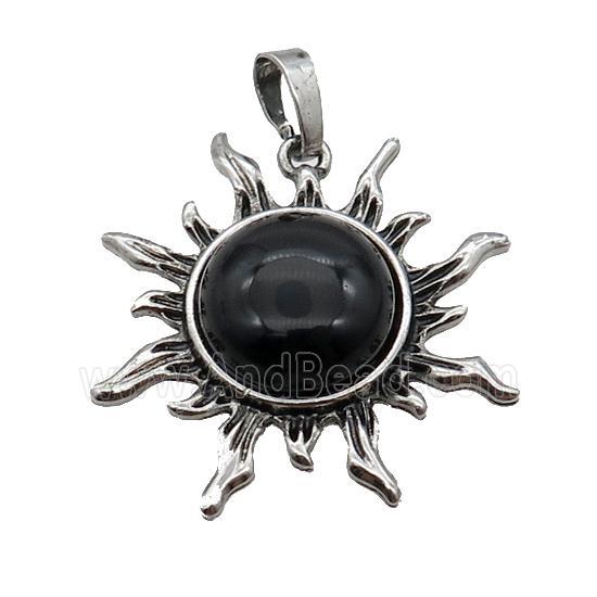 Black Onyx Agate Sun Alloy Pendant Antique Silver