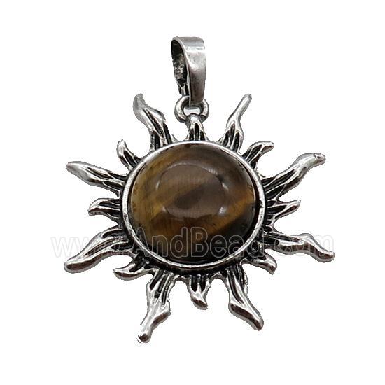 Tiger Eye Stone Sun Alloy Pendant Antique Silver
