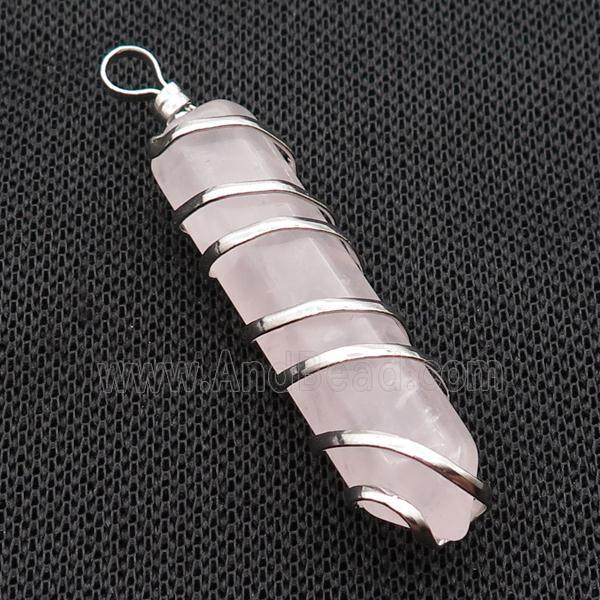 Pink Rose Quartz Bullet Pendant Wire Wrapped