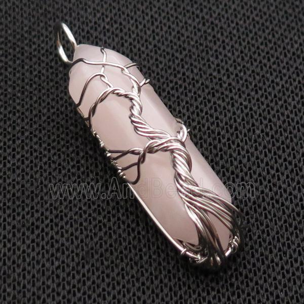 Pink Rose Quartz Bullet Pendant Tree Wire Wrapped