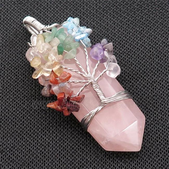 Pink Rose Quartz Bullet Pendant Chakra Tree Wire Wrapped