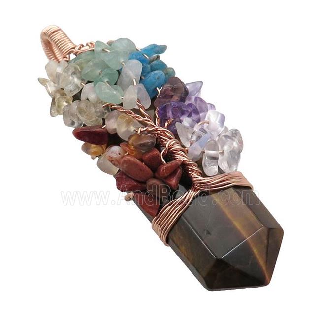 Tiger Eye Stone Bullet Pendant Chakra Tree Rose Gold Wire Wrapped
