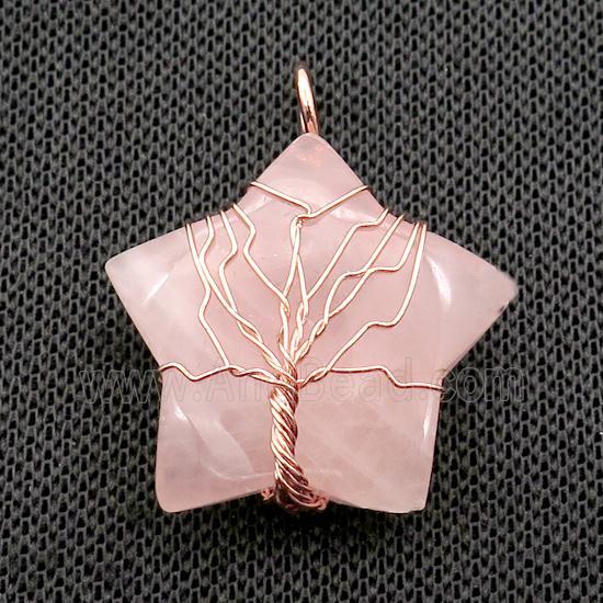Pink Rose Quartz Star Pendant Tree Wire Wrapped