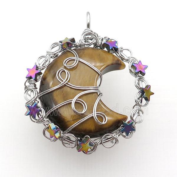 Tiger Eye Stone Moon Pendant Wire Wrapped