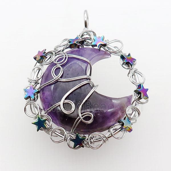 Purple Amethyst Moon Pendant Wire Wrapped