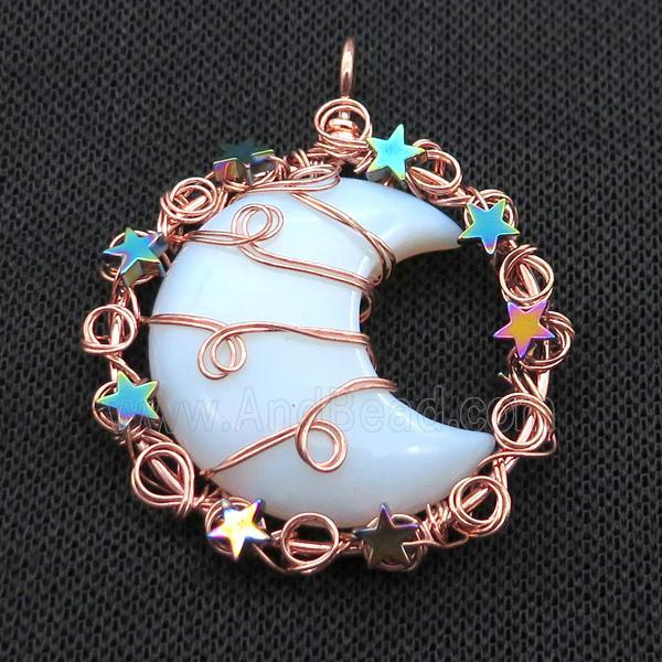 White Opalite Moon Pendant Wire Wrapped