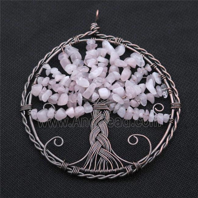 Pink Rose Quartz Chip Tree Of Life Pendant Wire Wrapped Antique Red