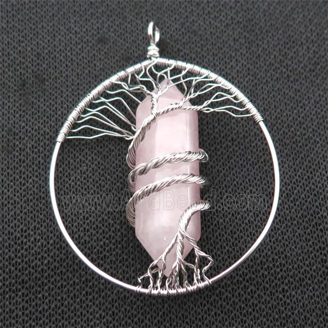 Pink Rose Quartz Tree Of Life Pendant Alloy Wire Wrapped