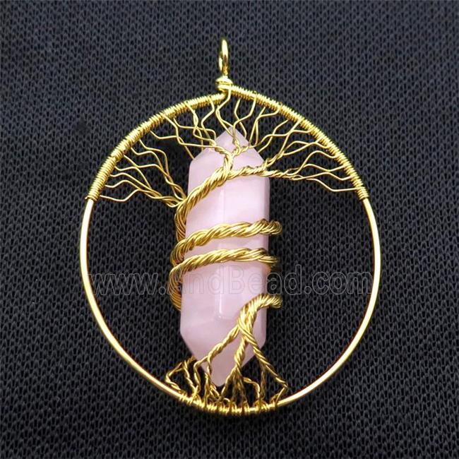 Pink Rose Quartz Tree Of Life Pendant Alloy Wire Wrapped Gold Plated